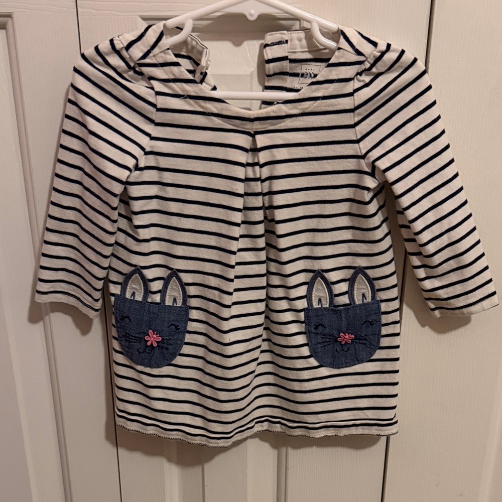 GAP Cream and Navy Striped Hooded Dress with Cat Pocket Appliqués